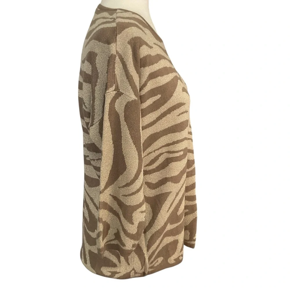 Chico's Tan and Brown Zebra Print Gold Metallic Accent Crewneck Sweater Size M
